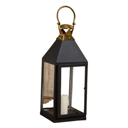 IRON & GLASS SMALL LANTERN CANDLE HOLDER (BLACK & GOLD)